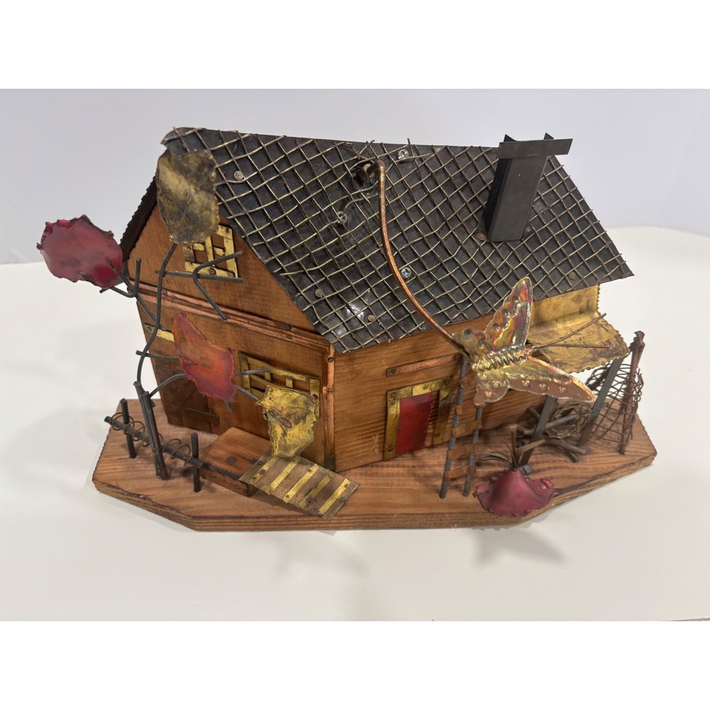 Vintage Brutalist Mixed Media Wood Copper Wire Cabin Music Box House Sculpture
